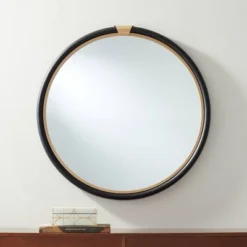 Noble Park Kensington Round Vanity Wall Mirror Modern Glam Black Gold Wood Frame 32" Wide Bathroom Bedroom Living Room Home House Office